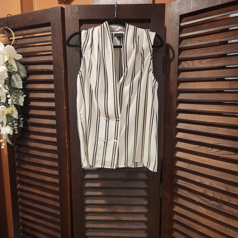 Who What Wear Vertical Striped Blouse - Black, Red, and Cream